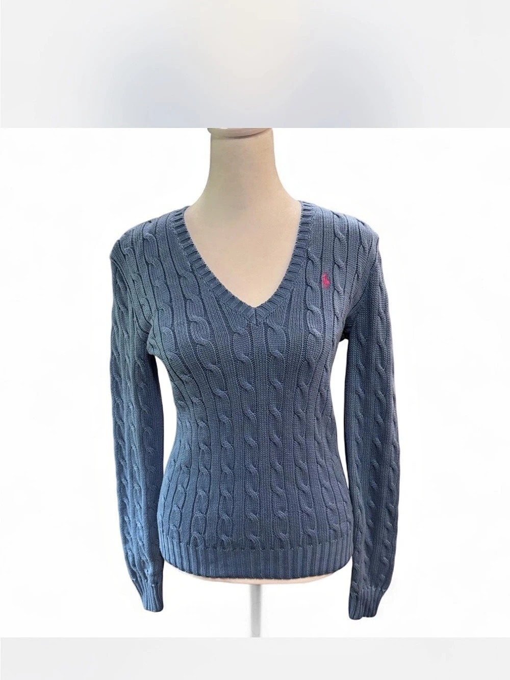 Ralph Lauren Sport Cable Knit V-Neck in Blue Size Small Like New
